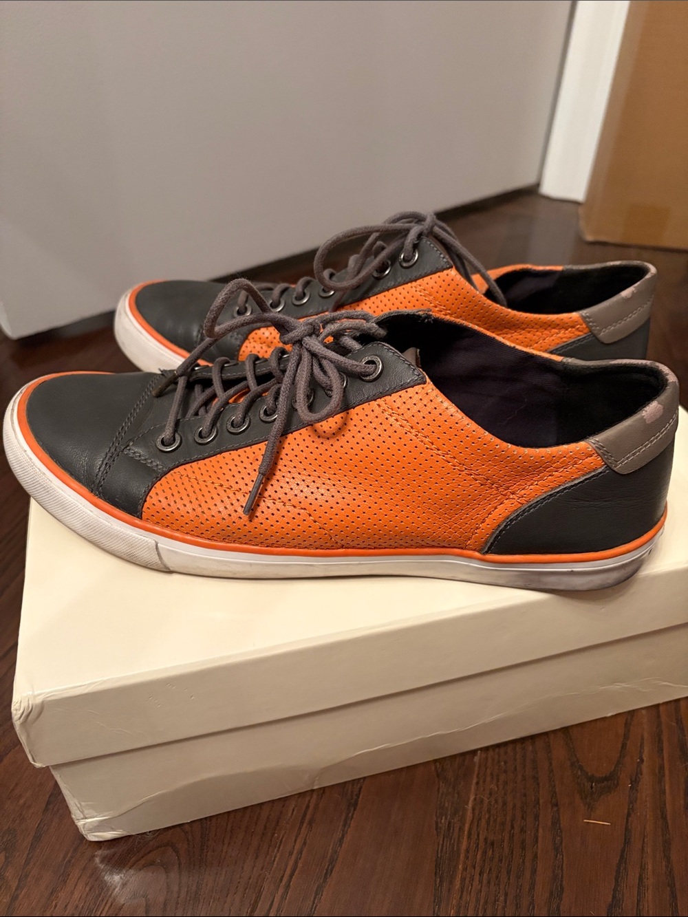 Coach New York Men's Orange and Gray Perforated Leather Lace-Up Sneakers